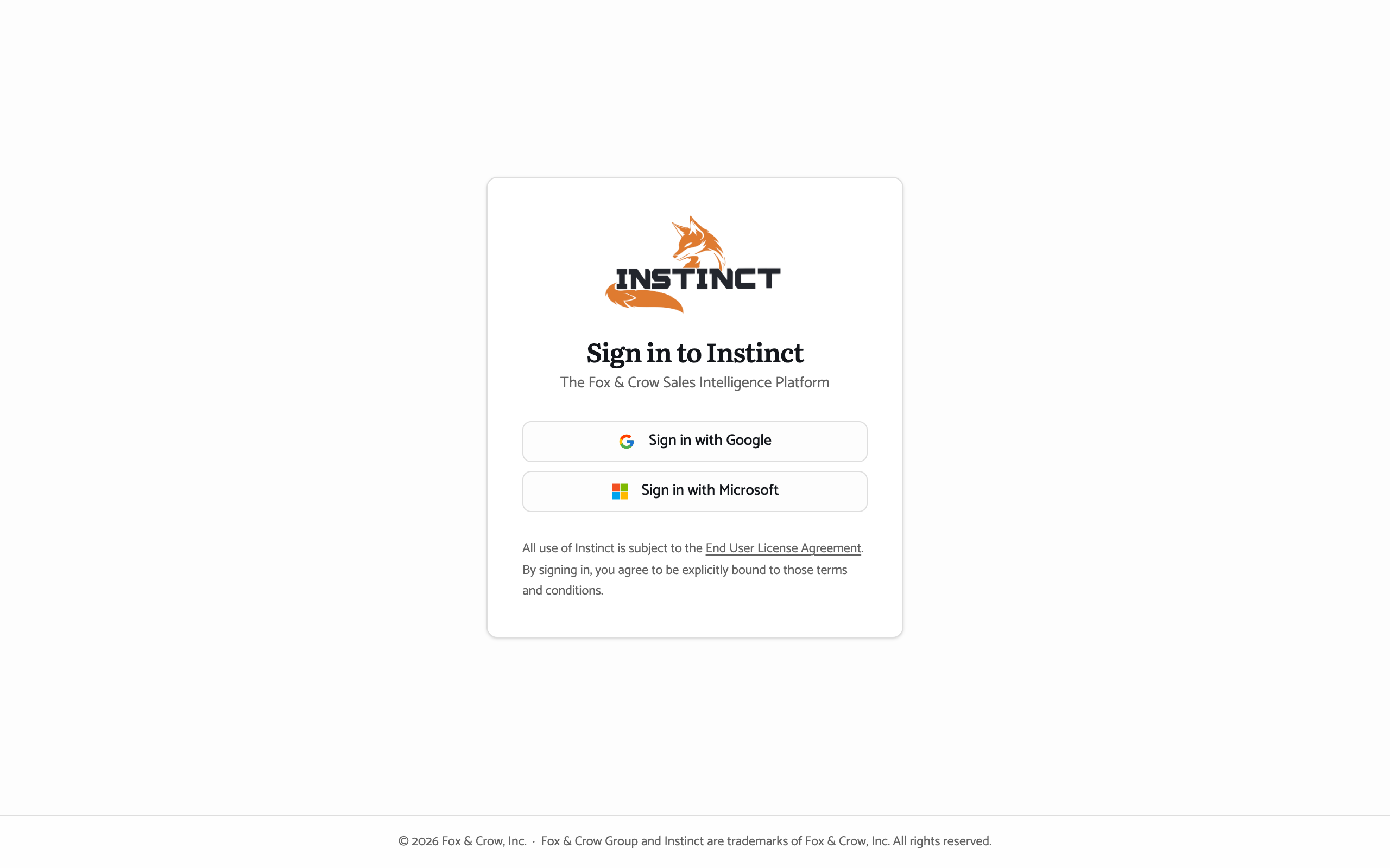 The Instinct sign-in screen with the Instinct logo, a heading, and a sign-in button for each provider.