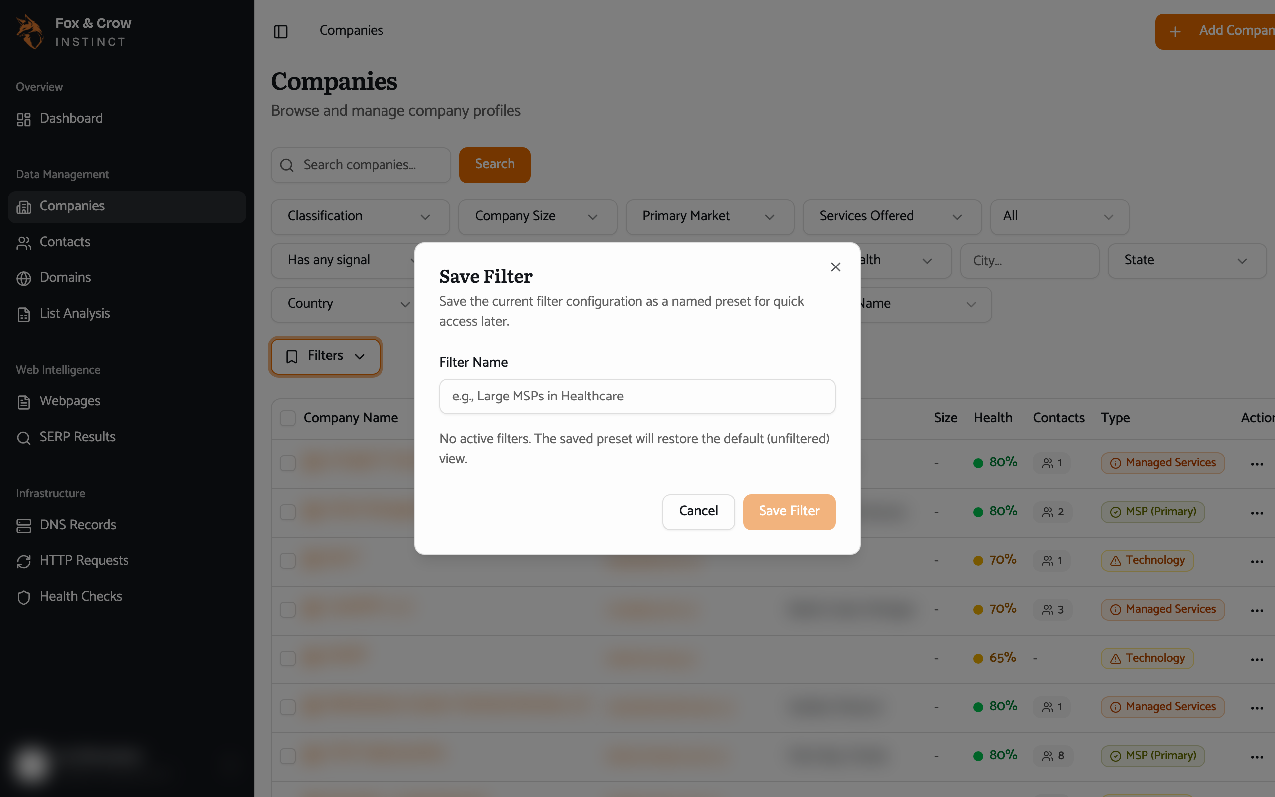 The Save Filter dialog previewing the active filters with a name field.