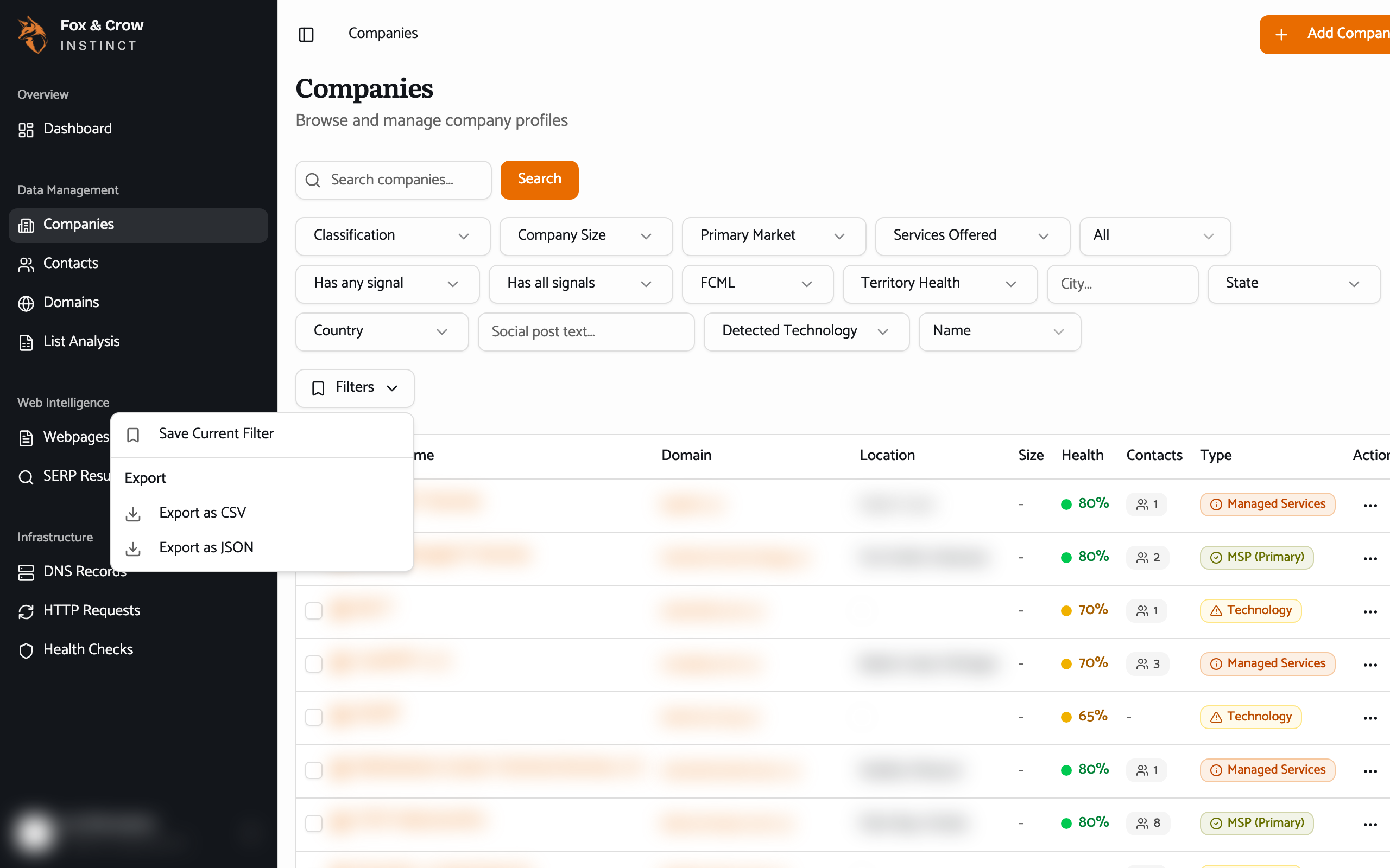The Filters bookmark menu on the Companies list, showing Save Current Filter, a list of saved presets, and the export options.