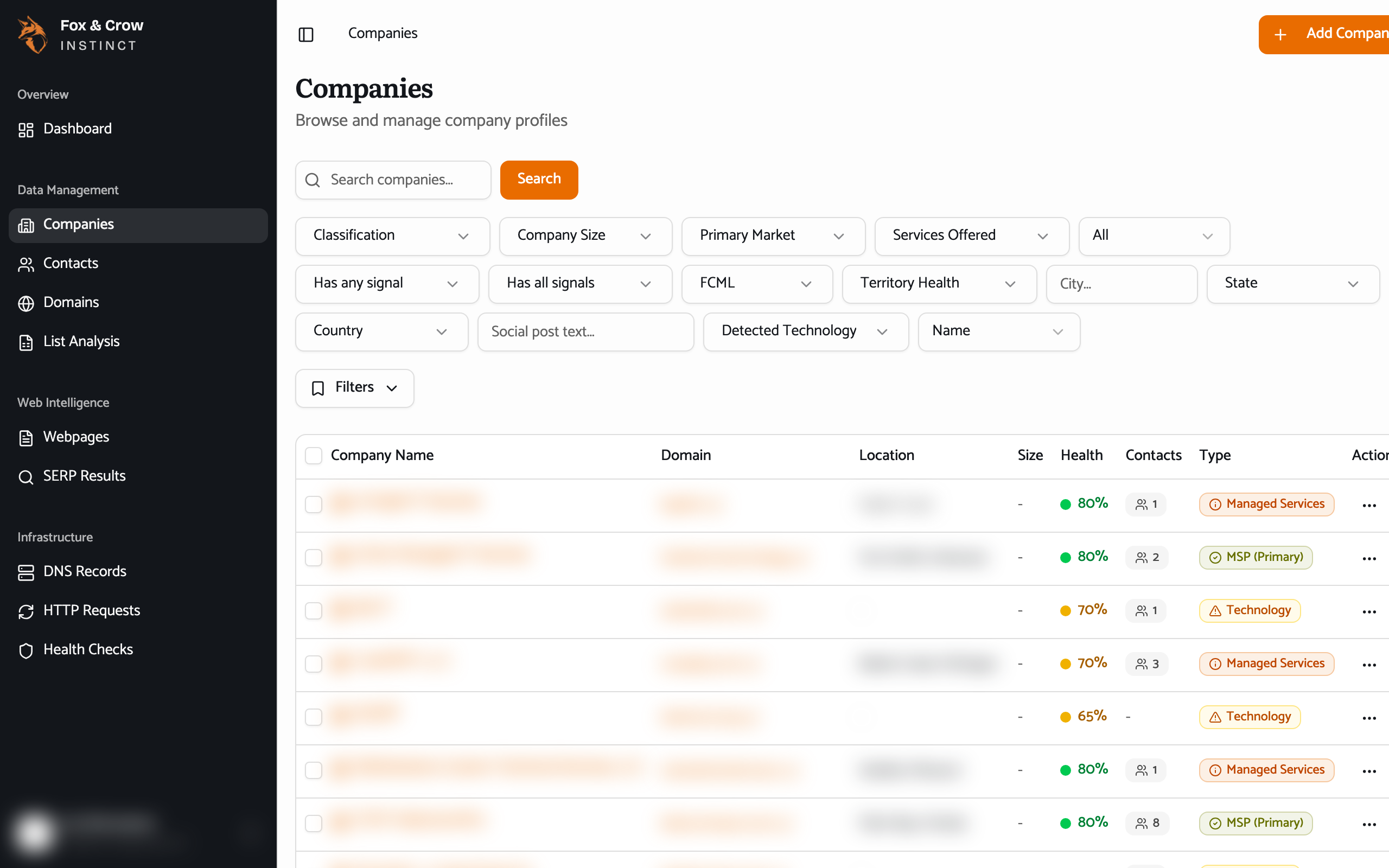The Companies list with the filter toolbar, active-filter chips, and the results table showing company name, domain, location, size, health, contacts, and type columns.
