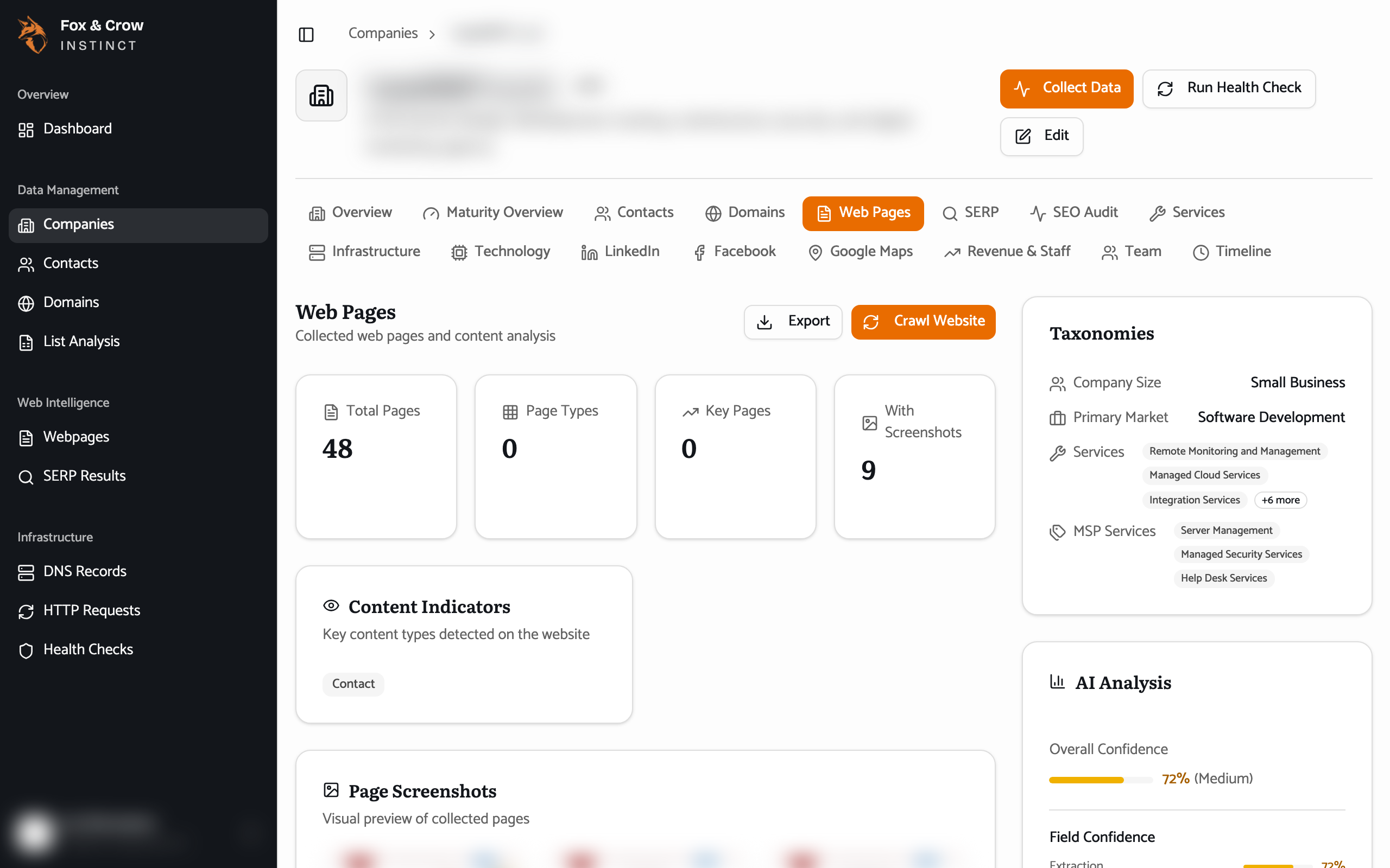 The Web Pages tab on a company, listing the crawled pages with their types.