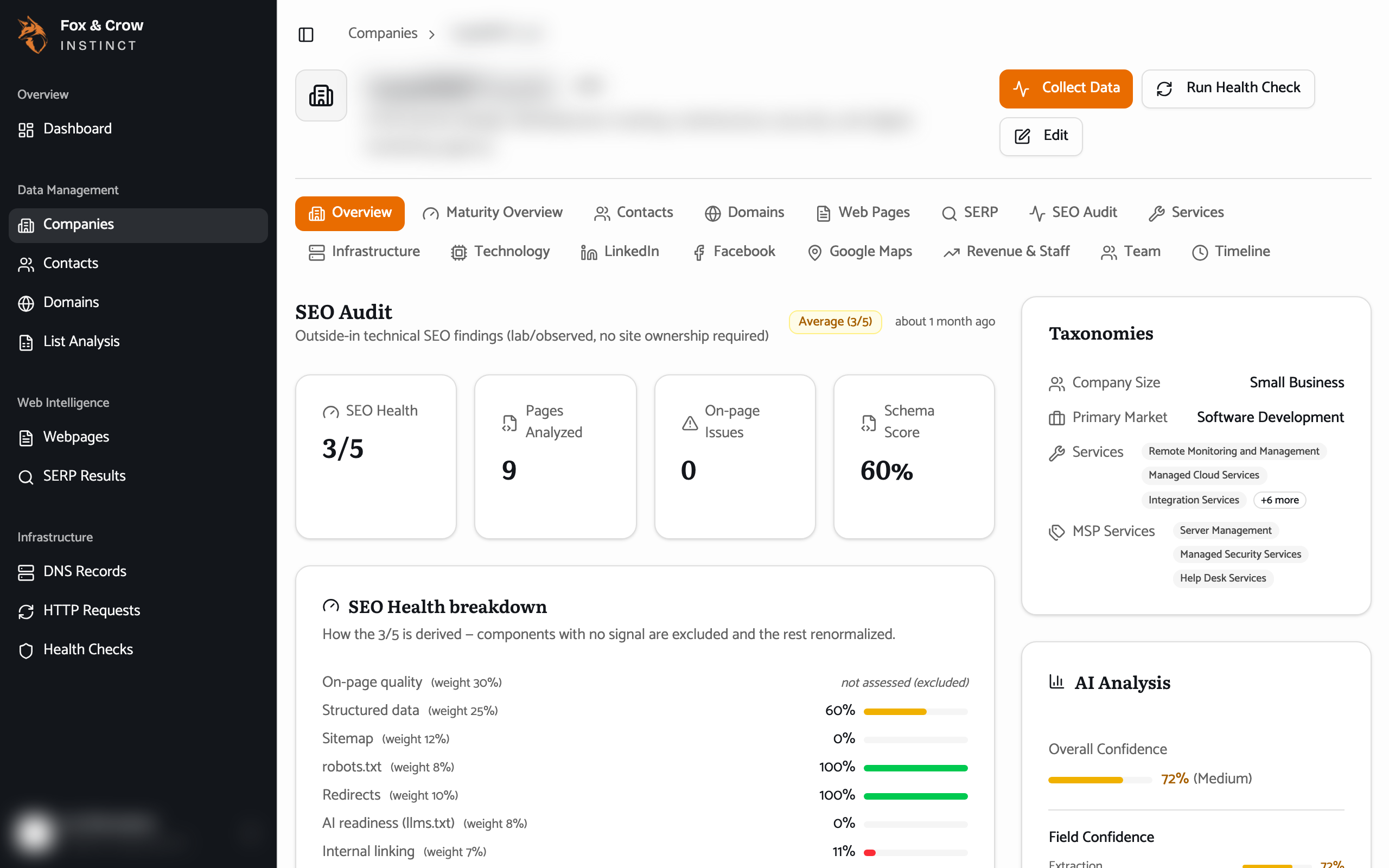 The SEO Audit tab with the AI summary, hygiene checks, the aggregated issues table, and JSON-LD validation.
