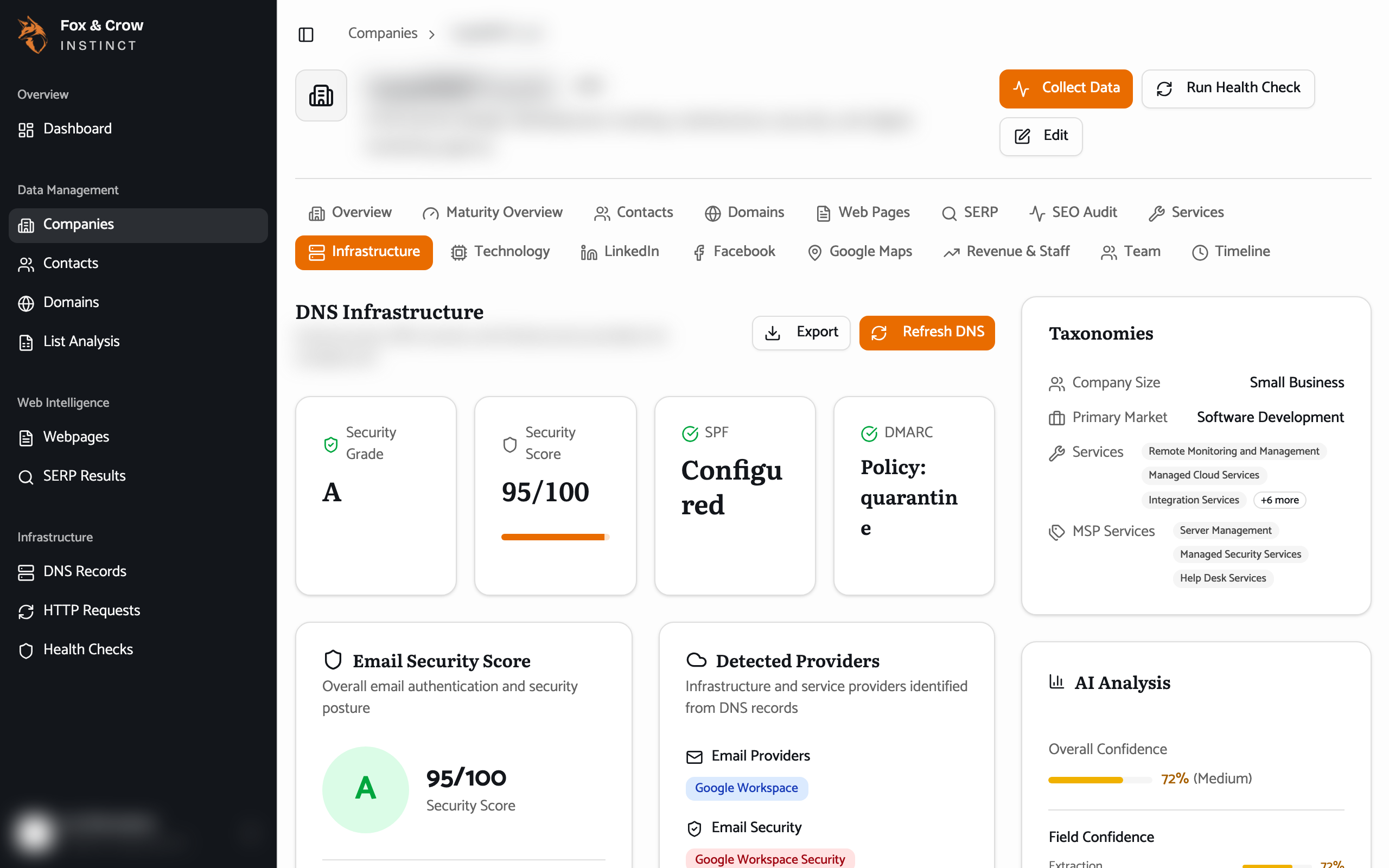 The Infrastructure tab showing DNS records, the security score breakdown, email-security status, and WHOIS details.