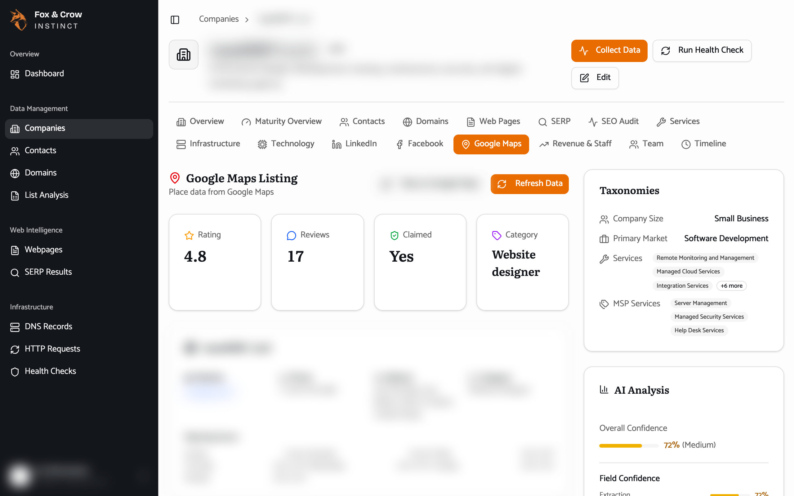 The Google Maps tab showing the company's listing, rating, and reviews.