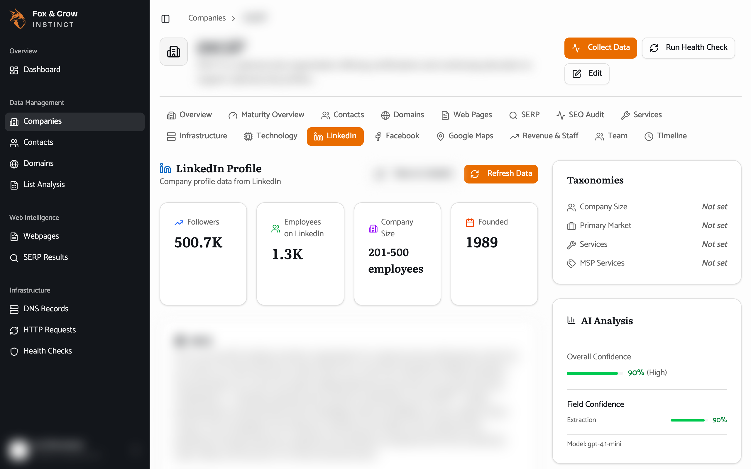 The LinkedIn tab showing followers, specialties, recent posts, and snapshot history.