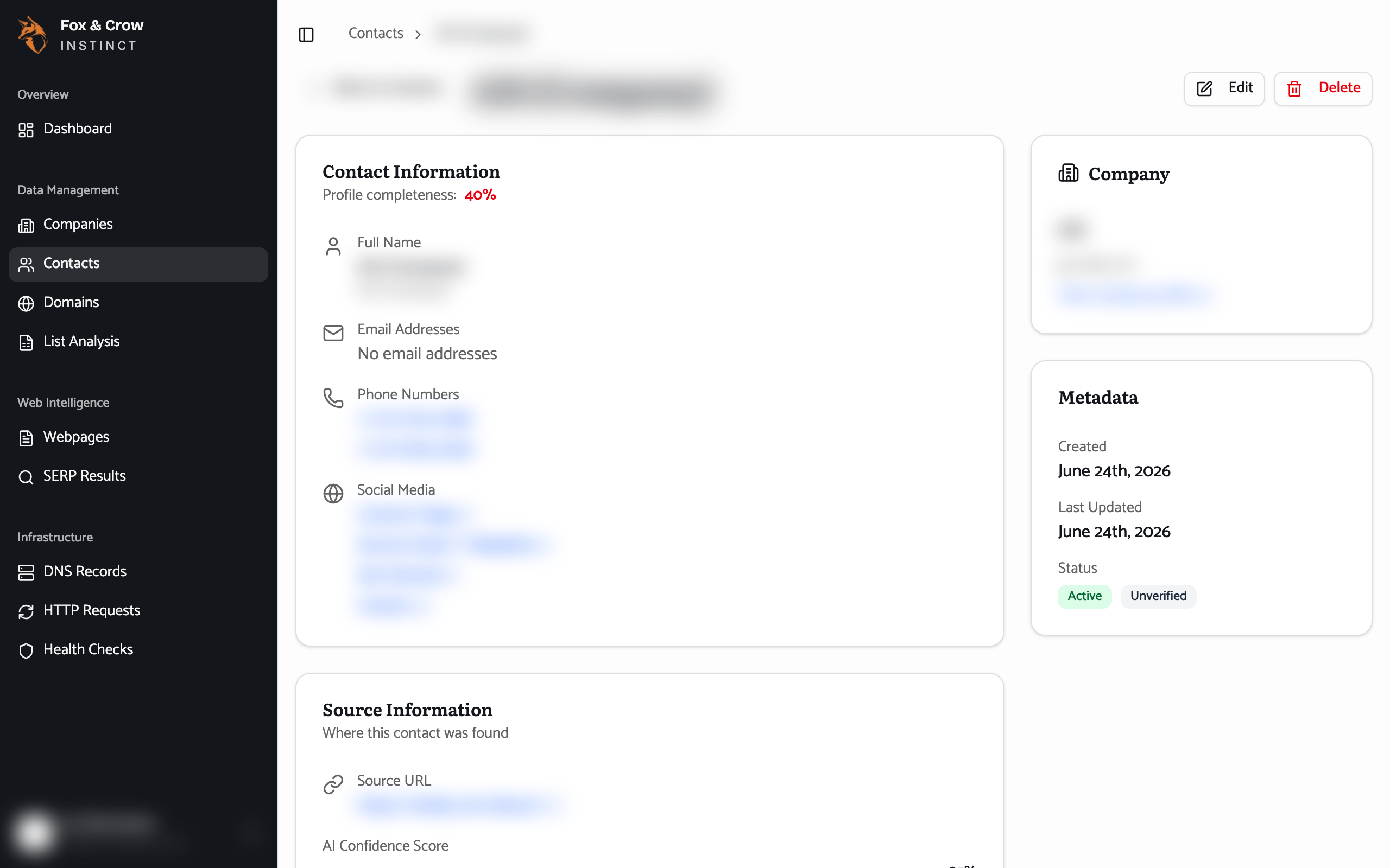 A contact detail page showing contact information with completeness, source information with a confidence score, and the company sidebar.