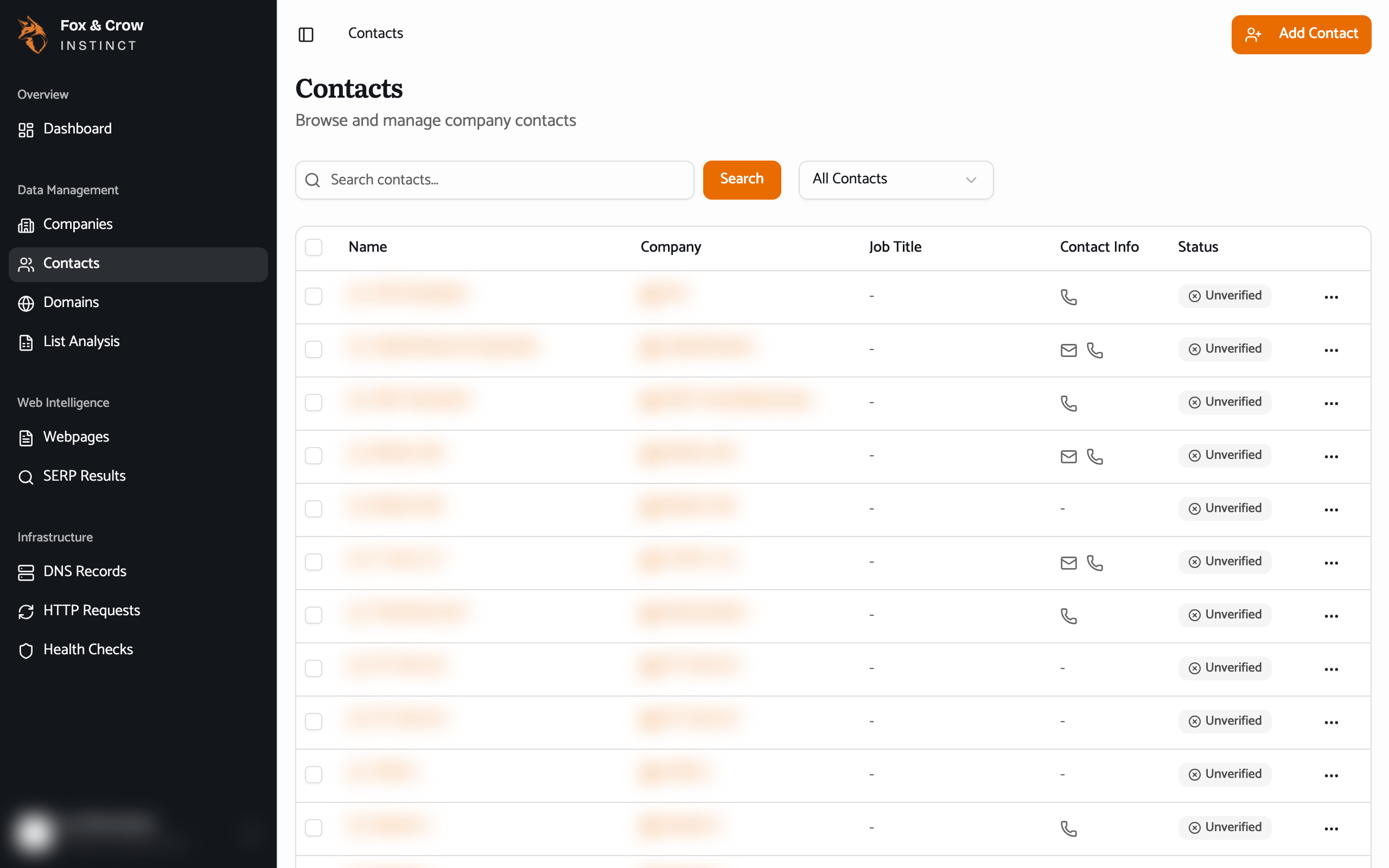 The Contacts list with the search box, the verified-status filter, and columns for name, company, title, contact info, and status.