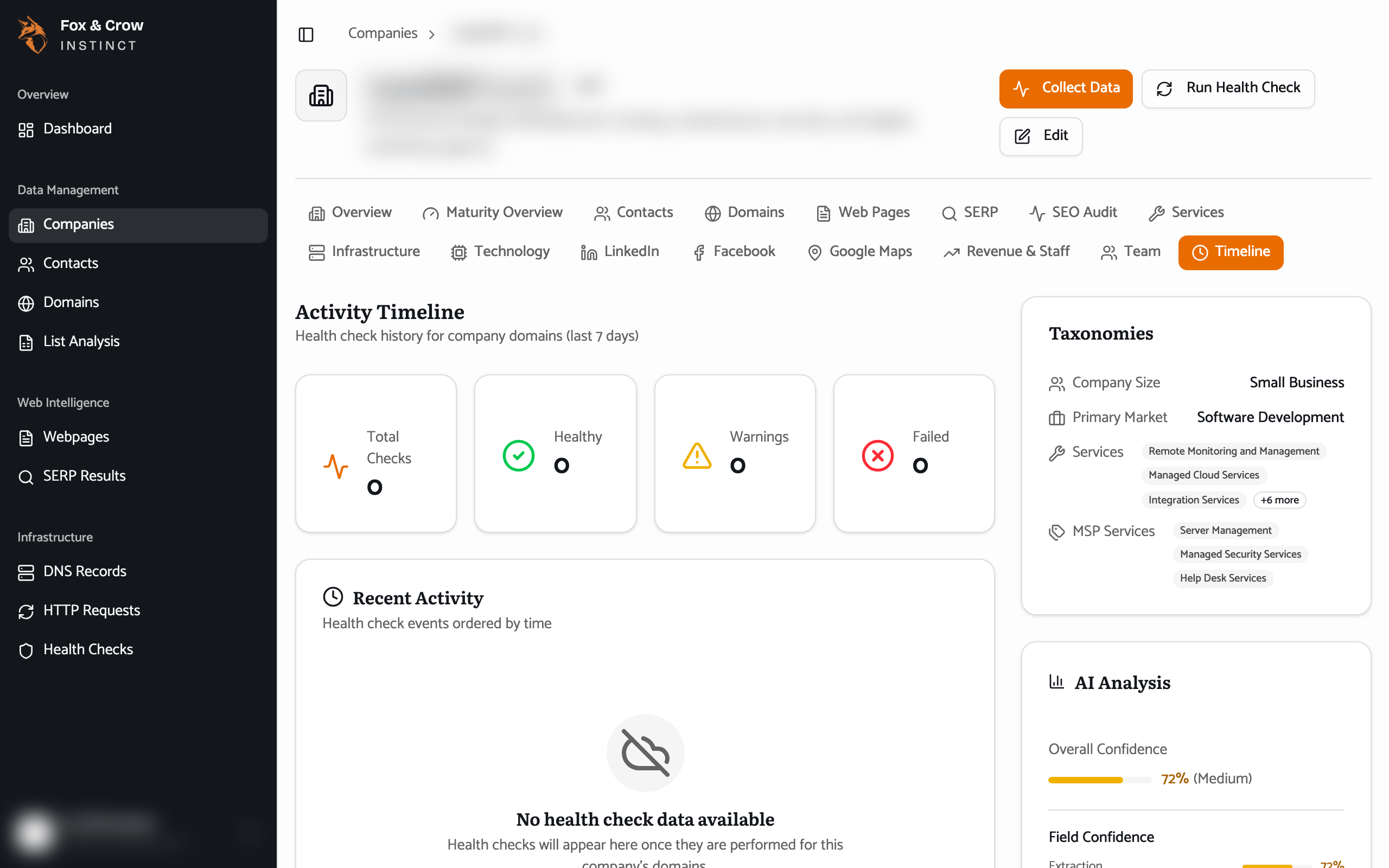 The Timeline tab showing dated health-check and collection events grouped by day, newest first.