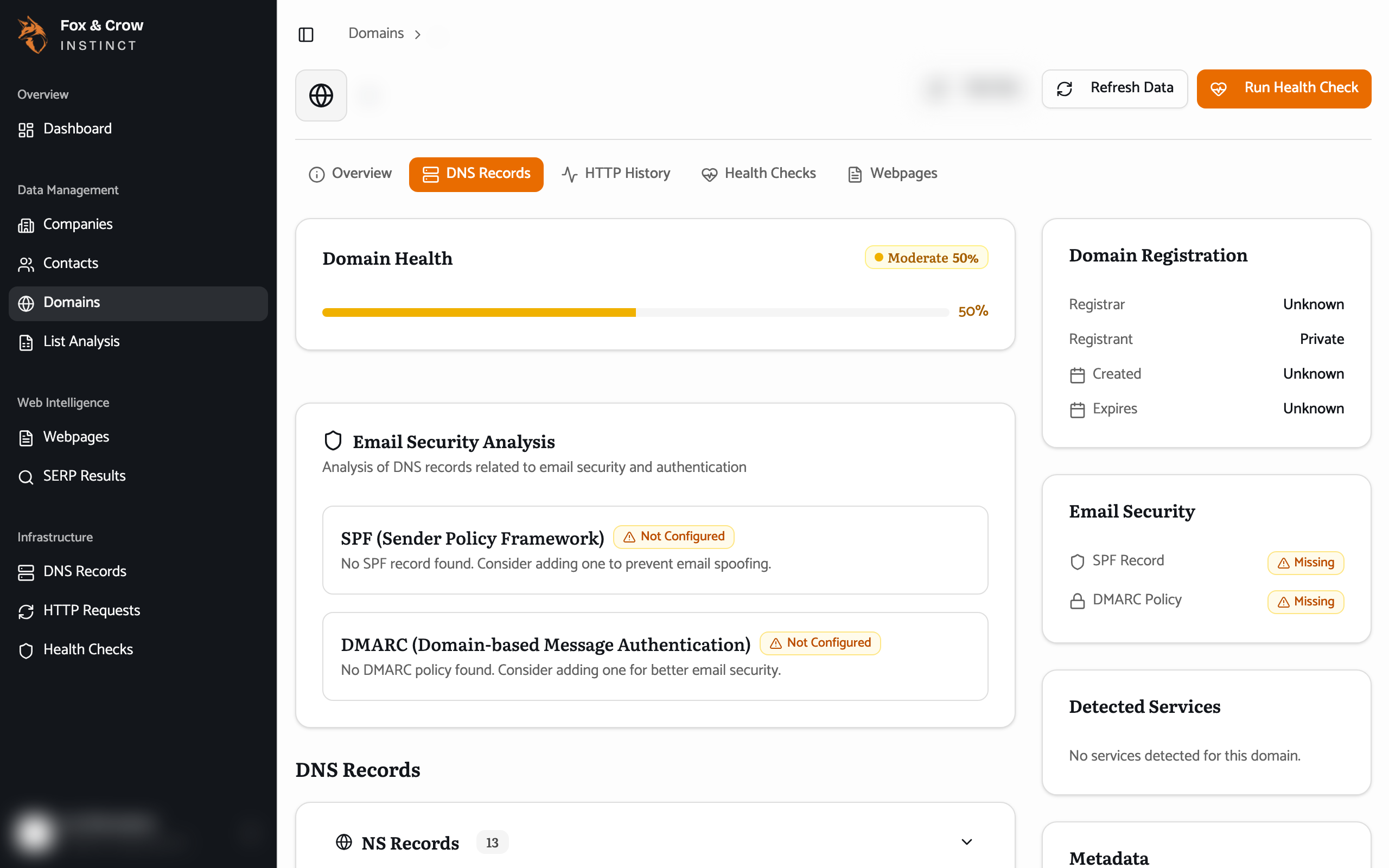 A domain detail page open on the DNS Records tab, with the registration and email-security sidebar.