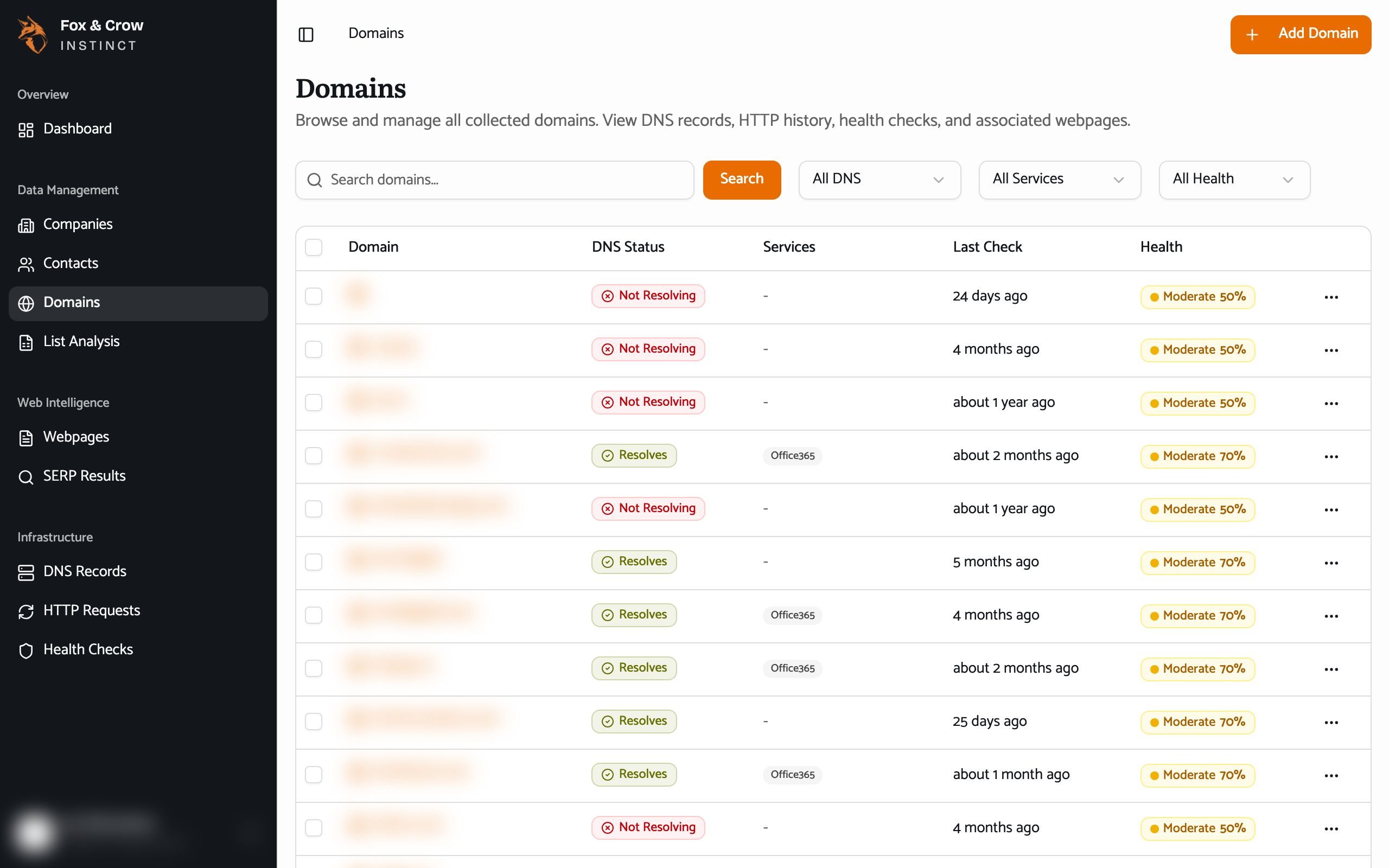 The Domains list with filters for DNS resolution, service, and health, and columns for domain, DNS status, services, last check, and health.