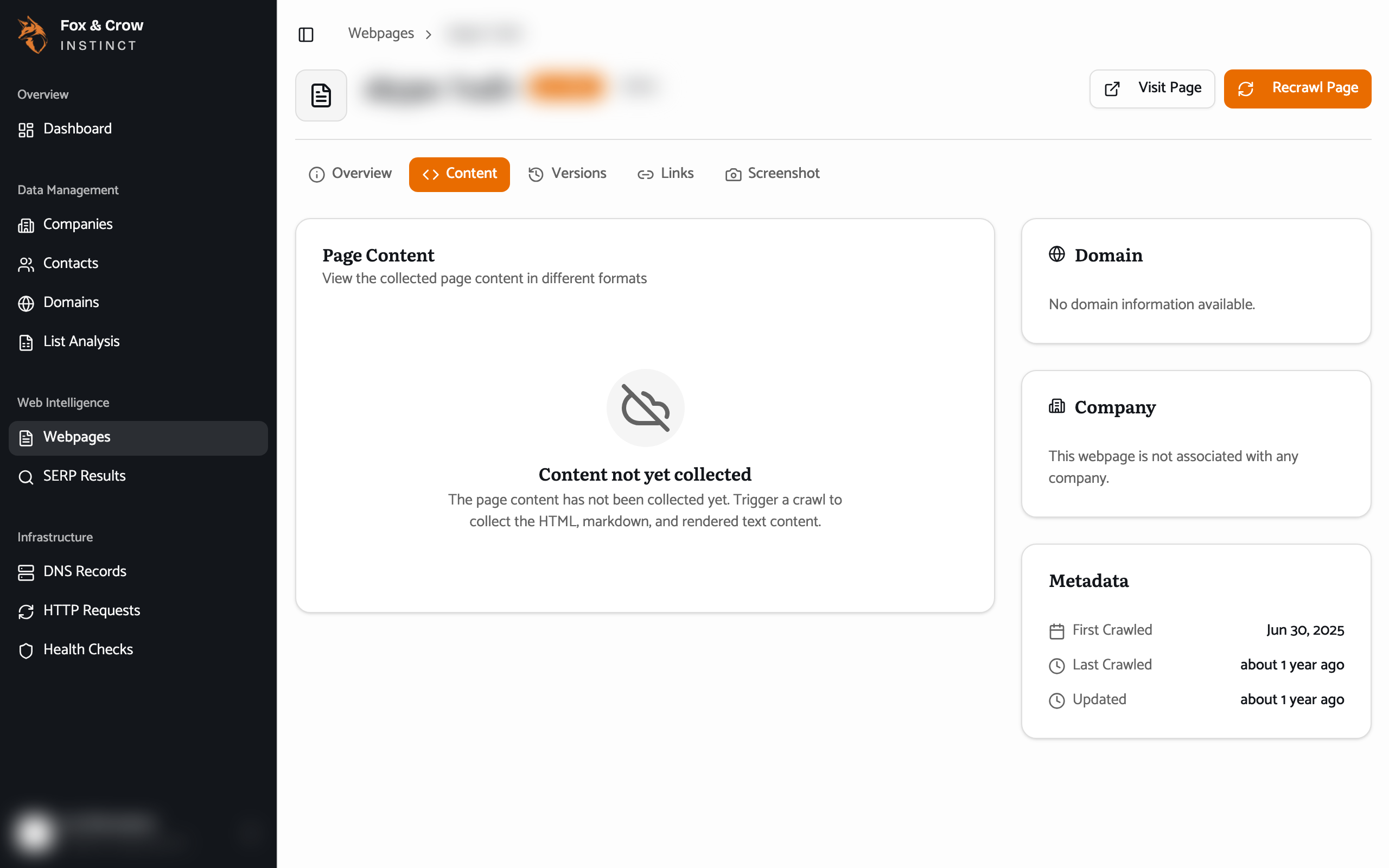 A web page detail open on the Content tab, showing the extracted page text.