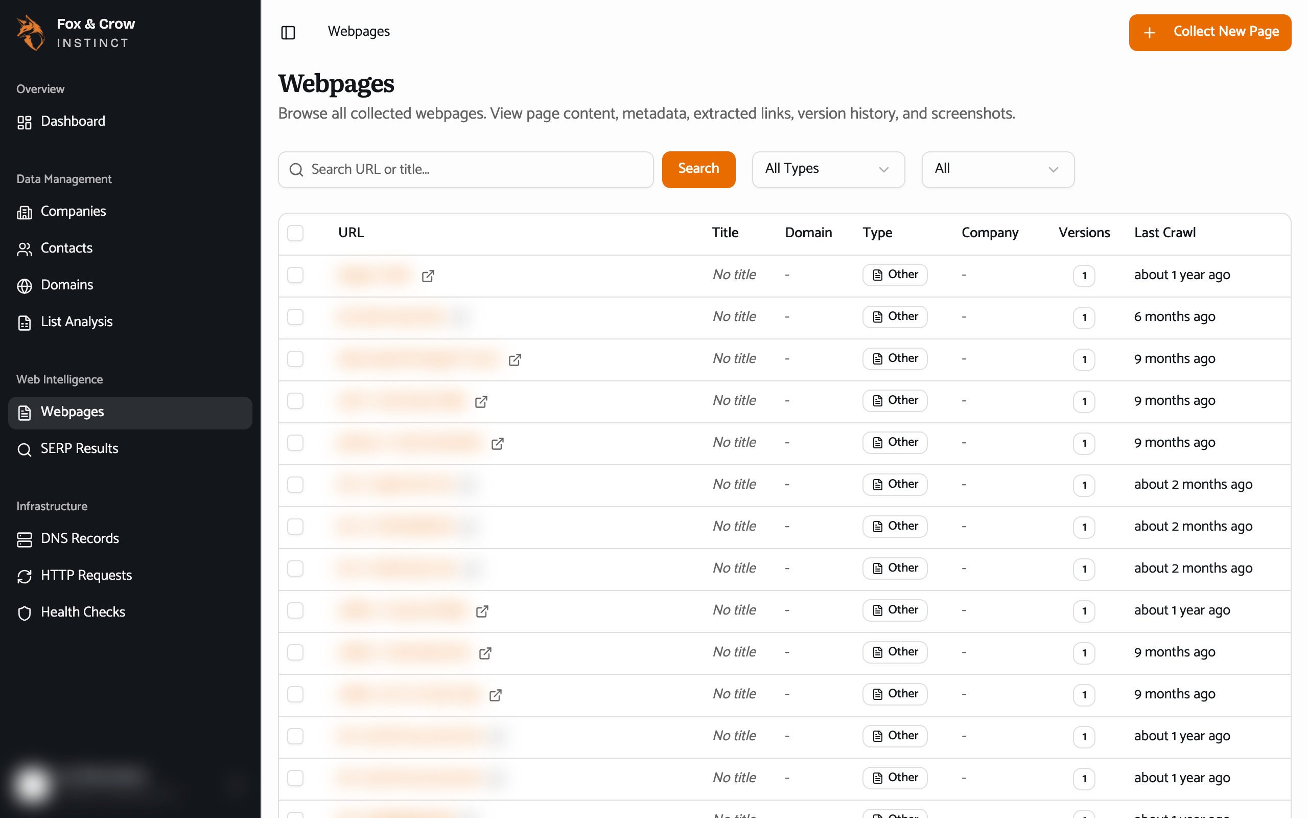 The Webpages list with page-type, has-company, and domain filters and columns for URL, title, domain, type, company, versions, and last crawl.