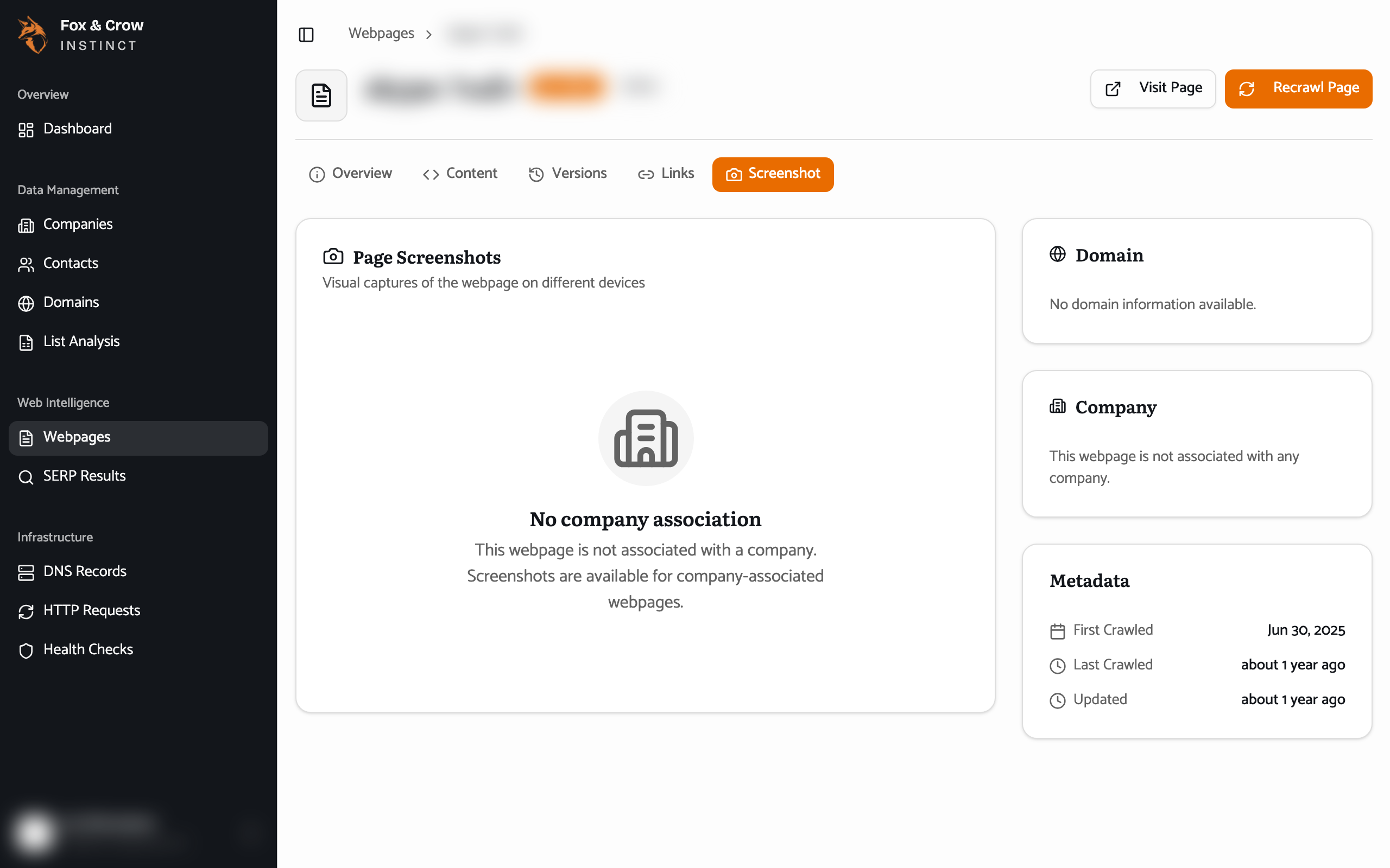 A web page detail open on the Screenshot tab, showing a captured image of the page.