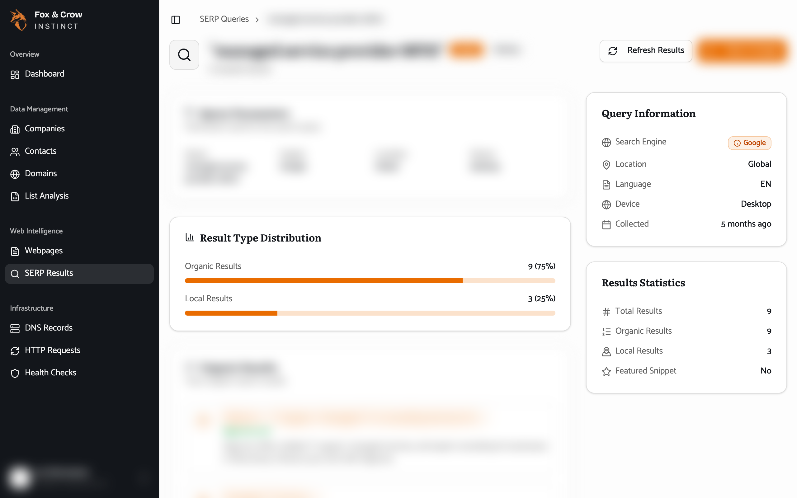A SERP query detail showing the search parameters, a featured snippet, the organic results, and the local map-pack results.
