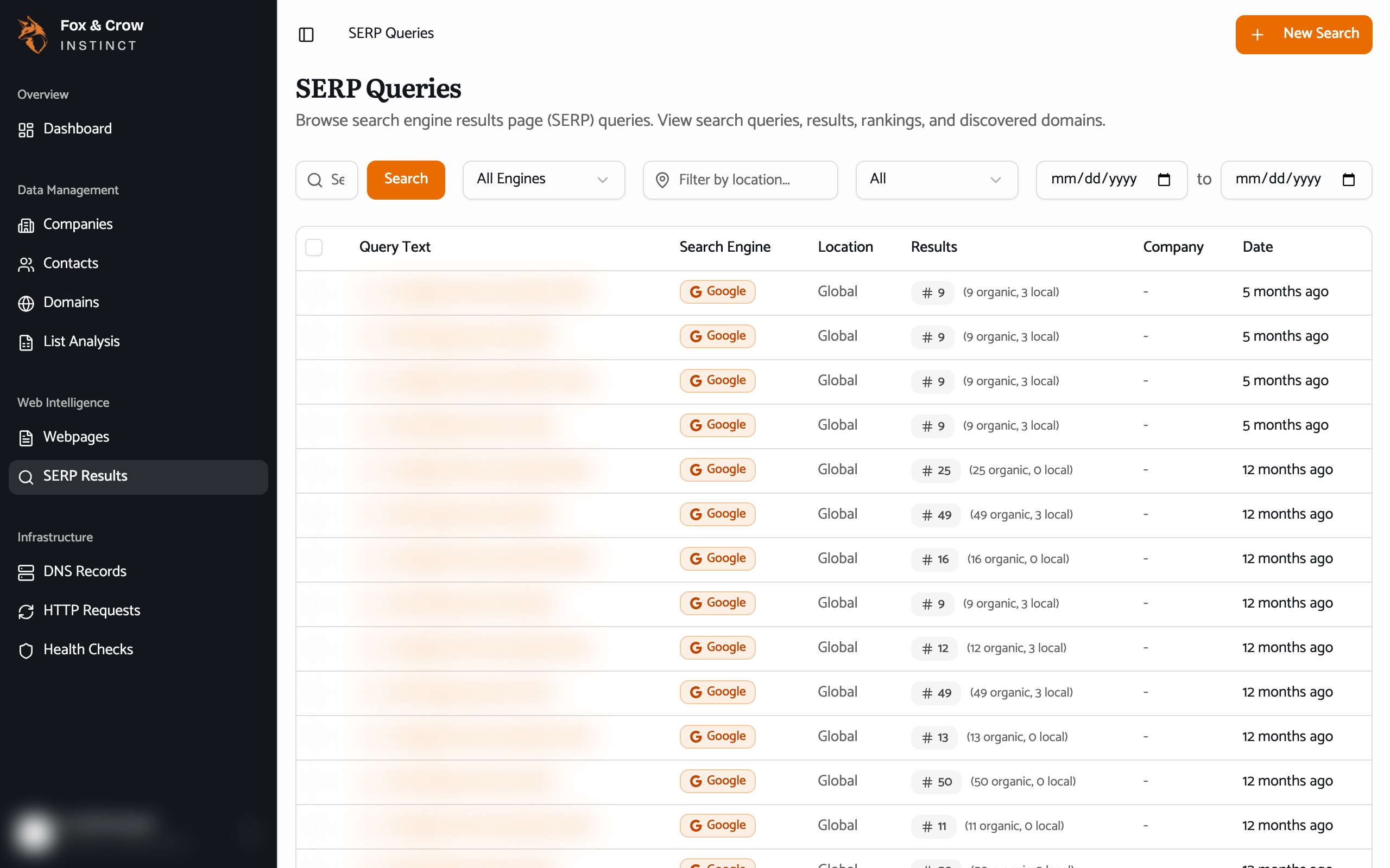 The SERP Queries list with filters for search engine, location, company, and date, and columns for query text, engine, location, results, company, and date.