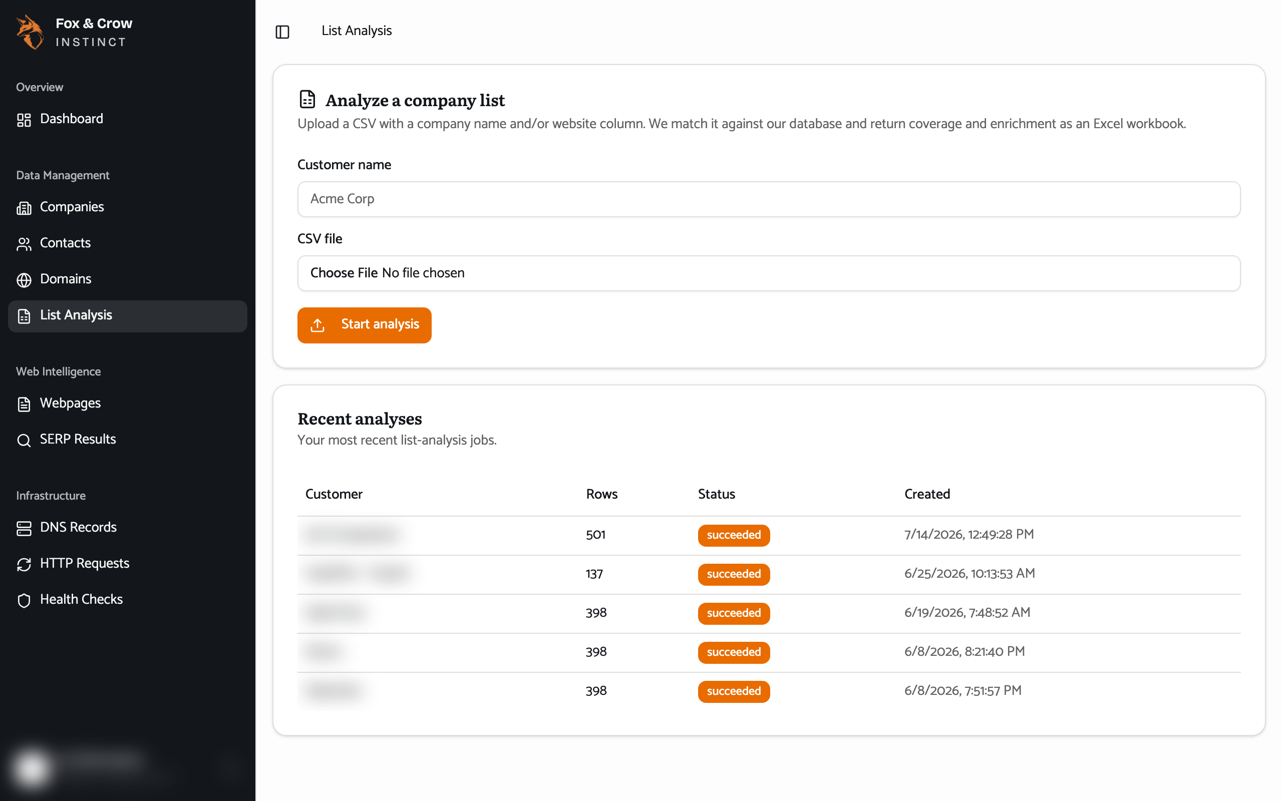 The List Analysis page with the customer-name field, the CSV picker, a row-and-column preview, and the Start analysis button.